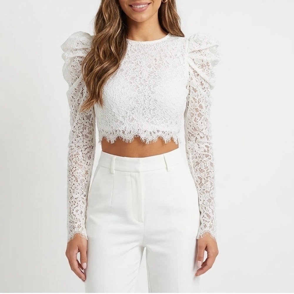 Naked Wardrobe The Statement Lace Crop Top Off White Ruffle Sleeve Small